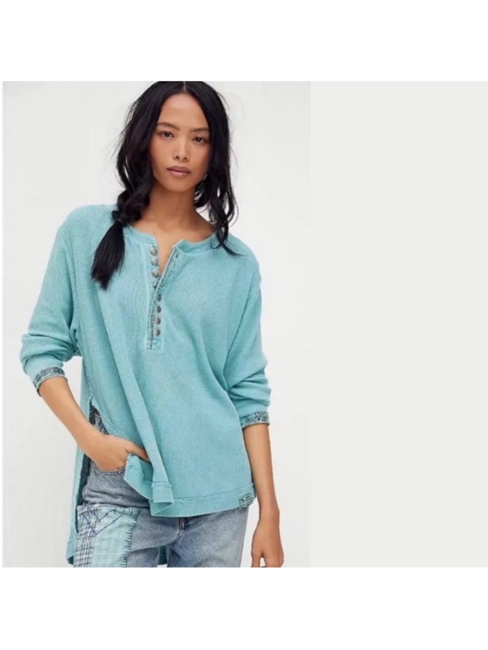 Free People we the free Fall For You waffle knit thermal Henley aqua color sz L